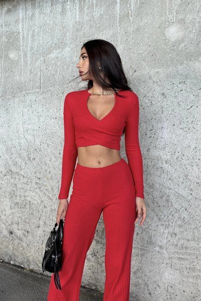 TALY Chain Detailed Long Sleeve Crop,High Waist,Elastic Waist Band Palazzo Pa...