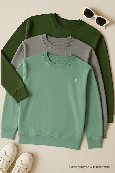 COMBİNE MİCHAİL Men's Loose Crew Neck Wide 3-Piece Sweatshirt