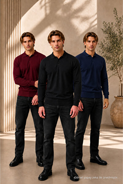 COMBİNE MİCHAİL Men's Winter 3-Piece Polo Collar Knit Sweater