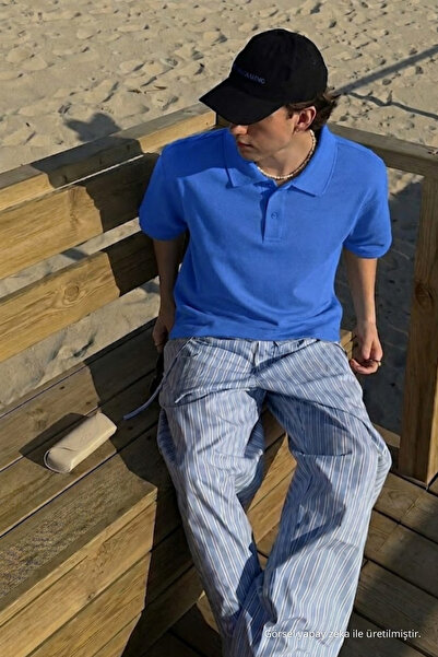 COMBİNE MİCHAİL Men's Casual Comfortable A.Blue Polo Collar T-Shirt