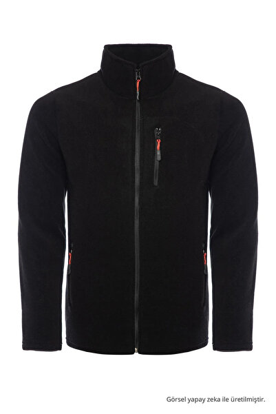 COMBİNE MİCHAİL Men's Zippered Winter Loose Black Fleece Jacket