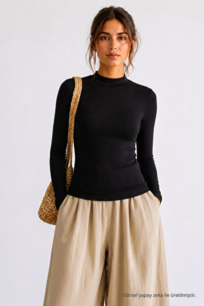 COMBİNE MİCHAİL Kadın Bodycone Crop Uzun Kollu Siyah Bluz