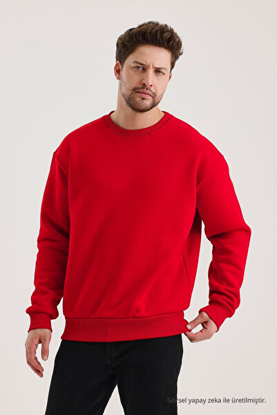 COMBİNE MİCHAİL Kırmızı Bisiklet Yaka Oversize Şardonlu Basic Erkek Sweatshirt