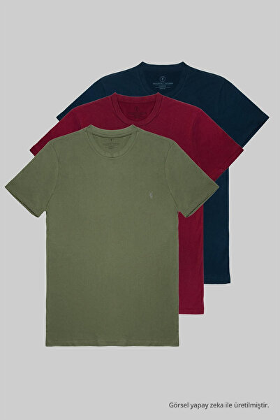 COMBİNE MİCHAİL Haki Lacivert Bordo 3-lü Basic Bisiklet Yaka T-shirt