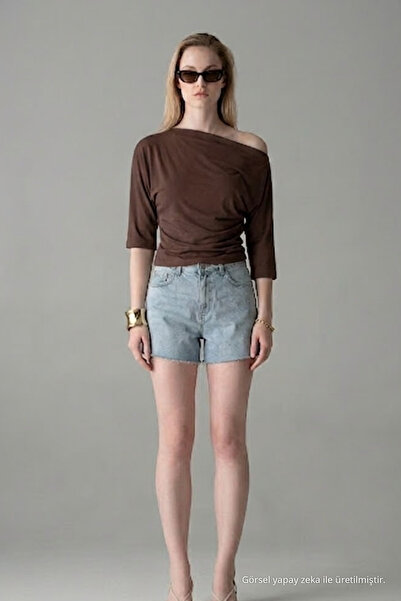 COMBİNE MİCHAİL Women's Short Sleeve Cotton Slim Fit Coffee T-Shirt