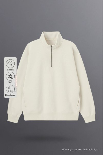 COMBİNE MİCHAİL Erkek Dik Yaka Fermuarlı Sweatshirt Bej