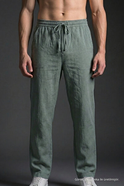 COMBİNE MİCHAİL Men’s Loose Wide-Leg Khaki Linen Trousers