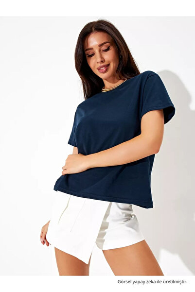 COMBİNE MİCHAİL Women's Navy Blue 100% Cotton Crew Neck Basic T-Shirt