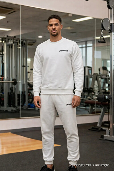 COMBİNE MİCHAİL Men's Sporty Ecru Two-Piece Tracksuit Set