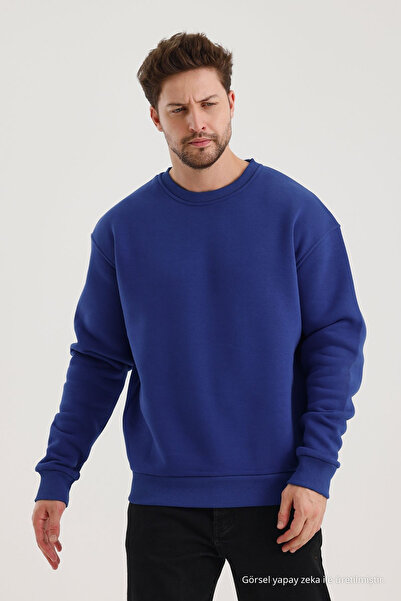 COMBİNE MİCHAİL Saks Bisiklet Yaka Oversize Şardonlu Basic Erkek Sweatshirt