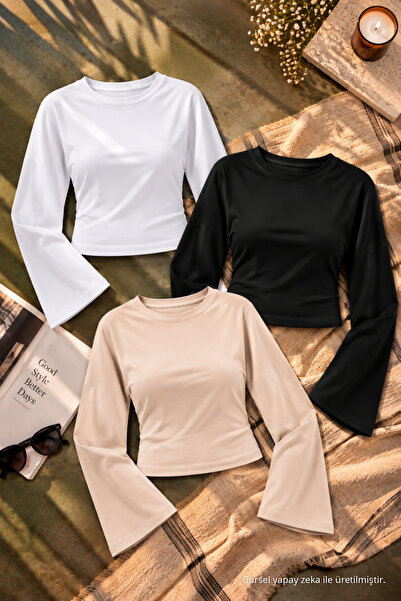 COMBİNE MİCHAİL Women's Basic Wide Sleeve Crop Blouse 3-Piece
