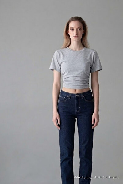 COMBİNE MİCHAİL Women's Wide Short Sleeve Gray Crop T-Shirt
