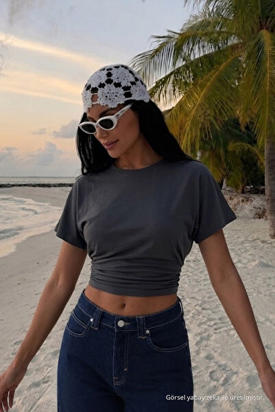 COMBİNE MİCHAİL Women's Bat Sleeve Slim Fit Smoked Crop T-Shirt