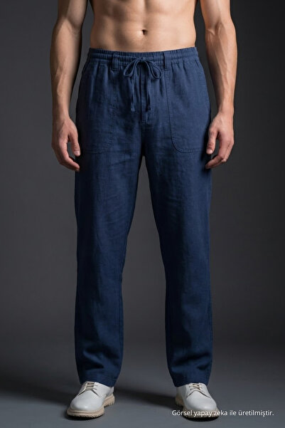 COMBİNE MİCHAİL Men's Relaxed Wide-Leg Navy Blue Linen Trousers