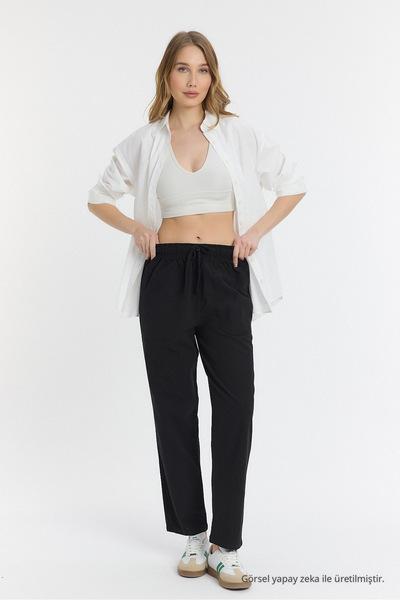COMBİNE MİCHAİL Linen Blended Loose Fitting Black Trousers