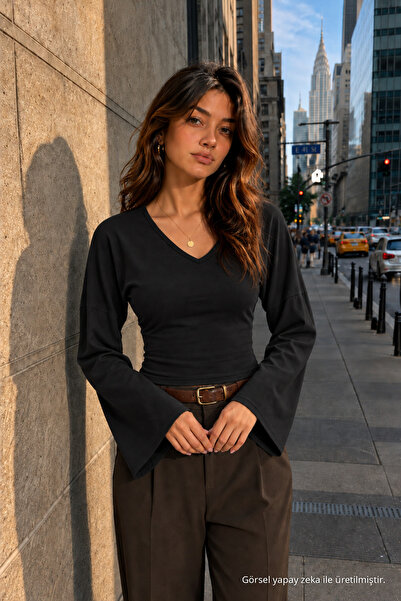 COMBİNE MİCHAİL Kadın Örme Pamuklu Slim Kesim Siyah Bluz