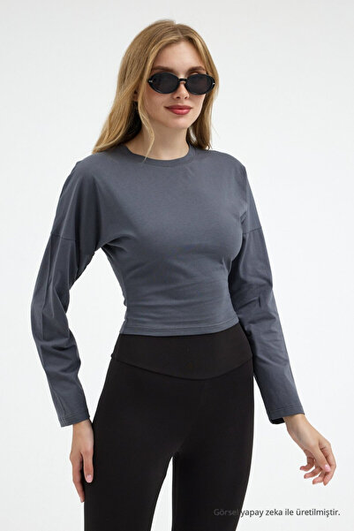 COMBİNE MİCHAİL Kadın Uzun Kol Bele Oturan Füme Crop Bluz