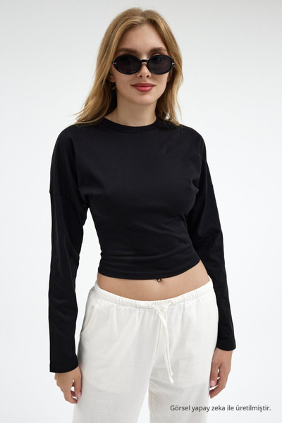 COMBİNE MİCHAİL Kadın Uzun Kol Bele Oturan Siyah Crop Bluz
