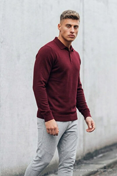 COMBİNE MİCHAİL Men's Half Pat Winter Knitwear Claret Red Sweater