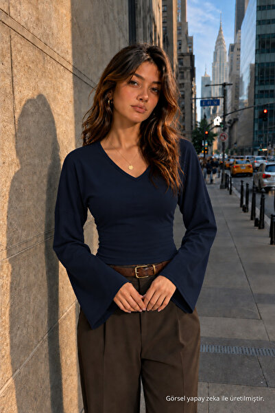 COMBİNE MİCHAİL Kadın Örme Pamuklu Slim Kesim Lacivert Bluz