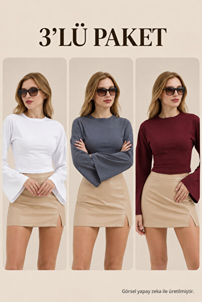 COMBİNE MİCHAİL Kadın Bele Oturan Casual 3 Lü Crop Bluz