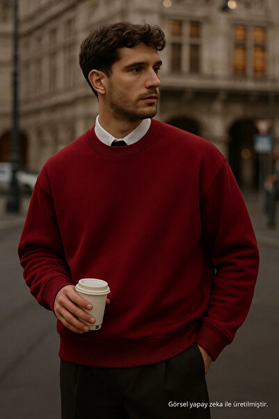 COMBİNE MİCHAİL Erkek Oversize Kışlık Bordo Uzun Kazak