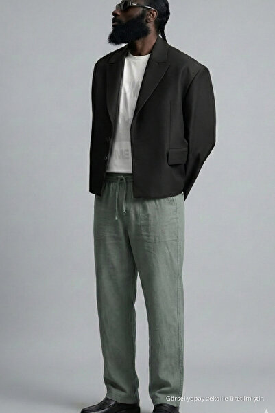 COMBİNE MİCHAİL Men's Khaki Linen Trousers with Elastic Waist