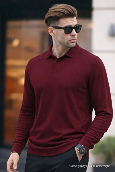 COMBİNE MİCHAİL Erkek Polo Yaka Triko Bordo Bol Basic Kazak