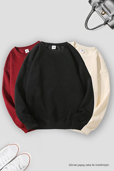 COMBİNE MİCHAİL Unisex 3'Lü Siyah Bej Bordo Bisiklet Yaka Oversize Sweatshirt...