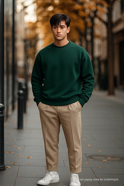 COMBİNE MİCHAİL Men's Casual Basic Dark Green Sweater
