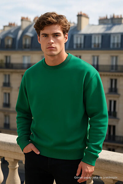 COMBİNE MİCHAİL Men's Crew Neck Oversize Green Sweater