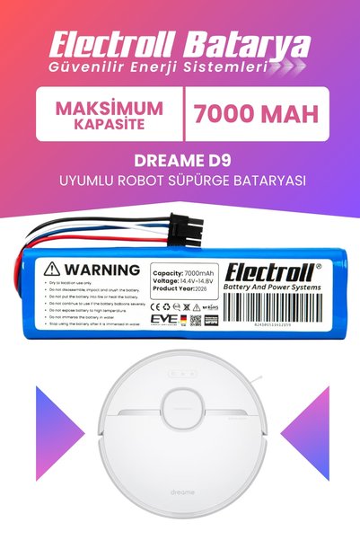 ELECTROLL Dreame D9 Uyumlu Batarya (MAKSİMUM KAPASİTE) 7000mah Pil Robot Süpü...