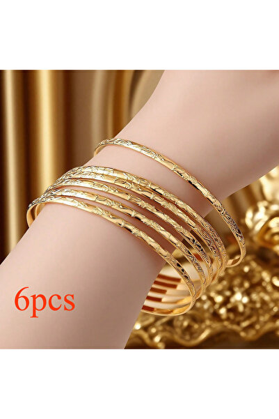 Choice 6PCS Herseygold Slim Metal Bangles Gold Plated Carved Flower Layered C...