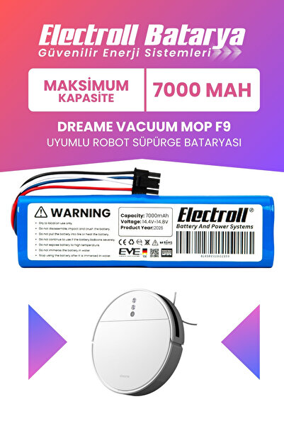 ELECTROLL Dreame Vacuum Mop F9 Uyumlu Batarya (MAKSİMUM KAPASİTE) 70000mah Ro...