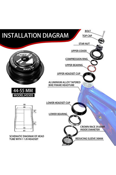 BUCKLOS 44-55mm-Black Bike Headset 1-1/8" Sealed Bearing Aluminum Alloy MTB B...