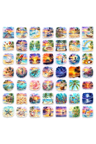 Choice1 50pcs 50/100 Pcs Watercolor Tropical Beach Theme Stickers, PET Clear ...