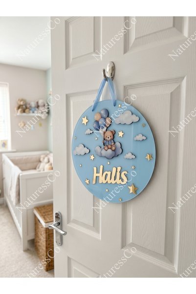 NaturessCo Ornament pentru ușă pentru bebeluși din plexiglas albastru cu ursu...