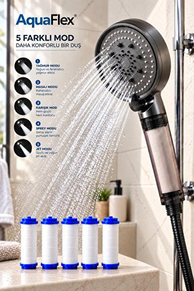 AquaFlex 5 Fonksiyonlu Filtreli Duş Başlığı ve – Kireç & Klor Arıtmalı Yüksek...