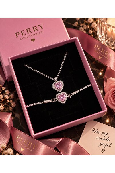 perry accessories kararmaz çelik pembe kalp kolye be bileklik hediye seti not...
