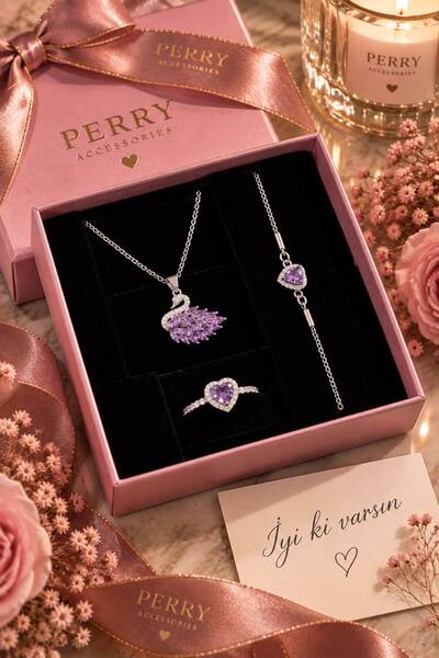 perry accessories kararmaz çelik kuğu çelik set mor pembe beyaz kuğu seti kol...