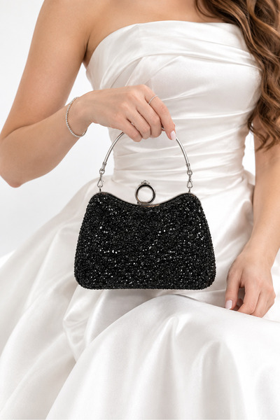 Jale Kadın Şık Kol Ve Omuz Clutch Portföy Altın kasalı Siyah Taşlı Abiye Çanta