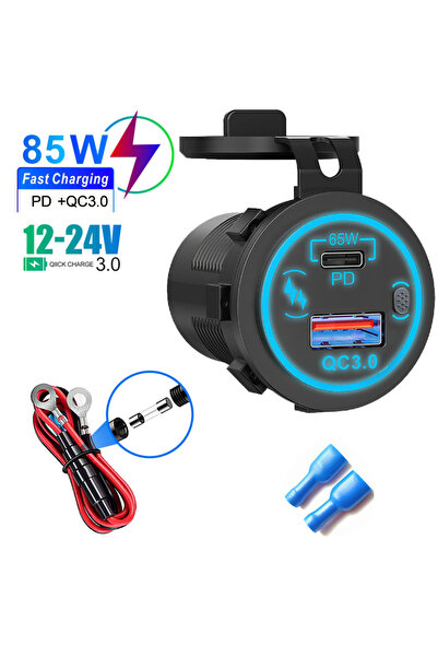Choice Blue with lines 85W PD Type C/QC 3.0 USB Car Charger with Switch Fast ...