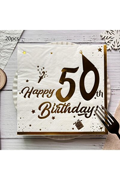 Choice 50 20 Pcs Happy Birthday Napkins White and Gold, Tableware Party Napki...