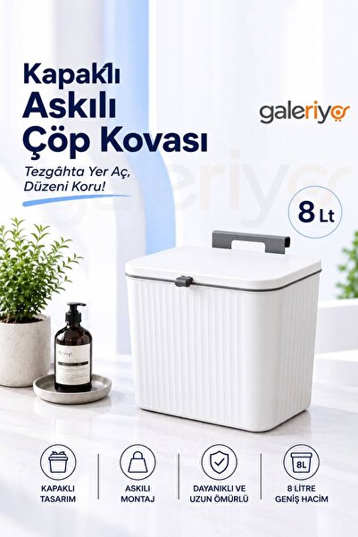 Galeriyo 8 Litre Mutfak Tezgah Üstü ve Dolap Askılı Çöp Kovası | Kapaklı Prat...