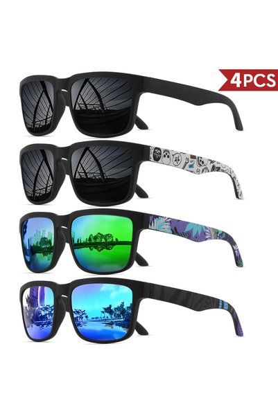 Choice1 4PCS-4 4PCS Square Sports Sunglasses with Designer Temple Pattern - U...