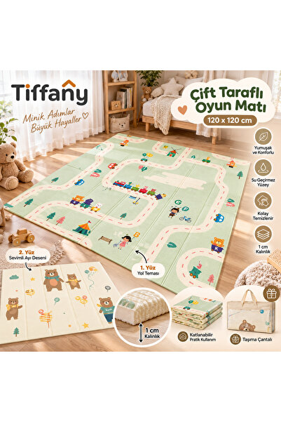 Tiffany Çift Taraflı Çocuk Oyun Matı - Eğitici Yol Teması & Sevimli Ayı Desen...