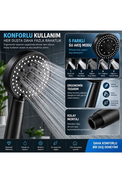 Genel Markalar 5 Modlu Duş Başlığı Seti + Spiral Duş Hortumu | El Duşu Başlığ...