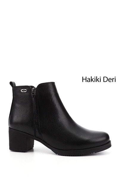 GÖNDERİ(R) Kadın Siyah Floter Fermuarlı Kalın Topuklu Hakiki Deri Bot