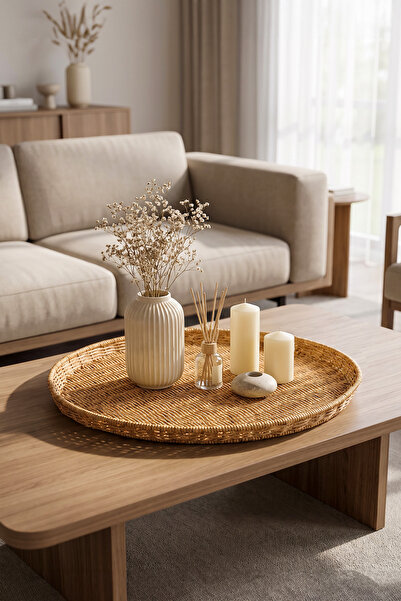 Digithome Hasır Yuvarlak Rattan Dekoratif Pinterest Tepsi 50 Cm
