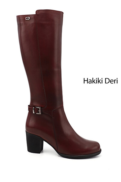 GÖNDERİ(R) Women's Burgundy Antique Zippered Thick Heeled Genuine Leather Boots